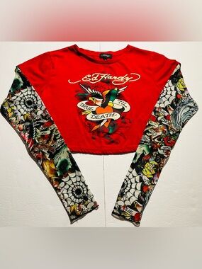 Women’s Ed Hardy True Til Death Mesh Tattoo Eagle Long-Sleeve Crop Top Red Sz L